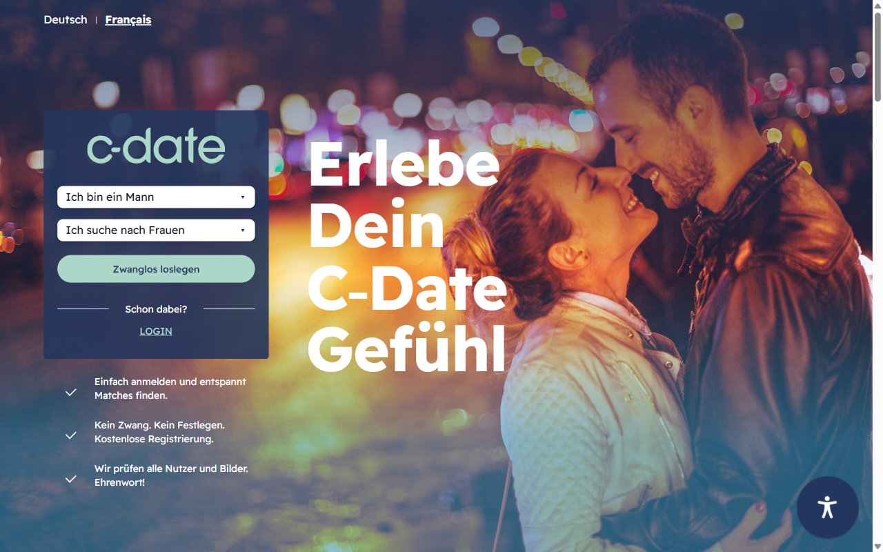 Startseite von c-date.ch mit Anmeldeformular und dem Hinweis Kostenlose Registrierung