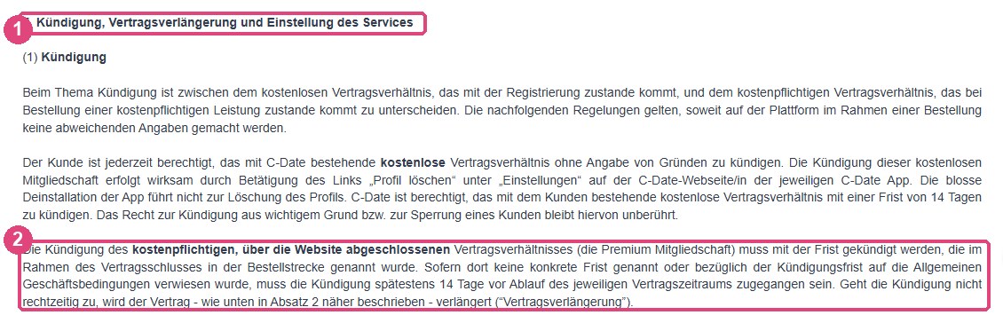 Auszug aus den Schweizer AGB von C-Date, Ziffer 7 Kündigung, mit der Regel 14 Tage vor Ablauf