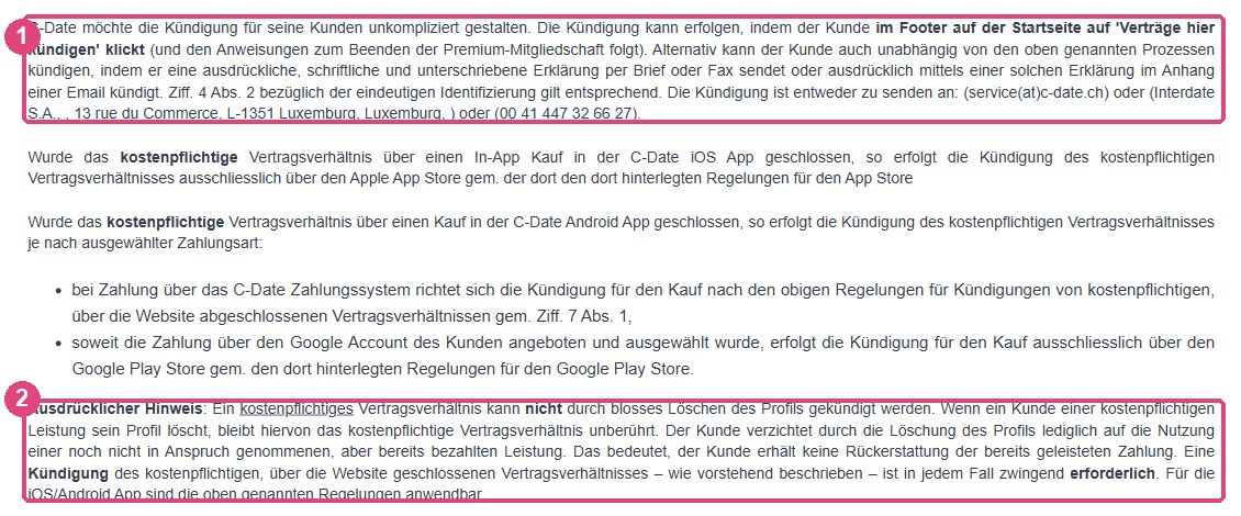 Auszug aus den AGB von C-Date mit den Kündigungswegen und dem Hinweis, dass Profil löschen keine Kündigung ist