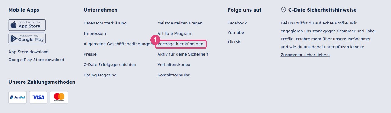 Footer von c-date.ch mit dem markierten Link Verträge hier kündigen unter Unternehmen
