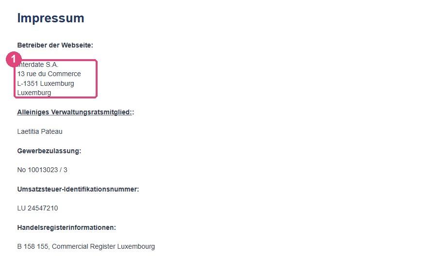 Impressum von c-date.ch mit der Adresse der Betreiberin Interdate S.A. in Luxemburg