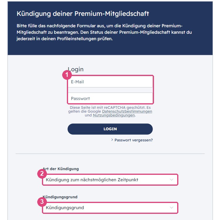 Kündigungsformular von C-Date mit Login, Art der Kündigung und Kündigungsgrund