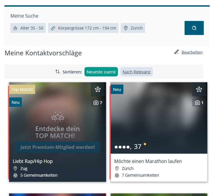 Kontaktvorschläge bei eDarling mit Suchkriterien Alter, Grösse und Region Zürich, Fotos verschwommen