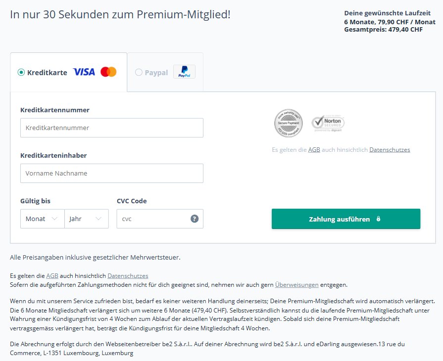 Bestellseite von eDarling mit Gesamtpreis und Hinweis auf die Kündigungsfrist von 4 Wochen