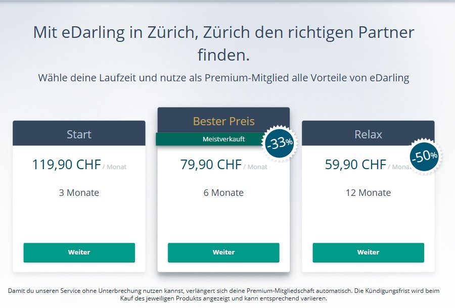 Preisübersicht von eDarling Premium: 3 Monate 119,90 CHF, 6 Monate 79,90 CHF, 12 Monate 59,90 CHF pro Monat