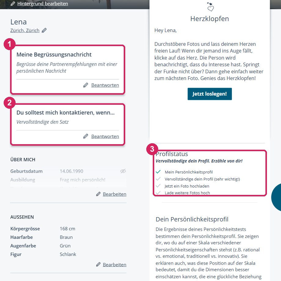 Profilseite bei eDarling mit Begrüssungsnachricht, Du solltest mich kontaktieren wenn und Profilstatus, markiert