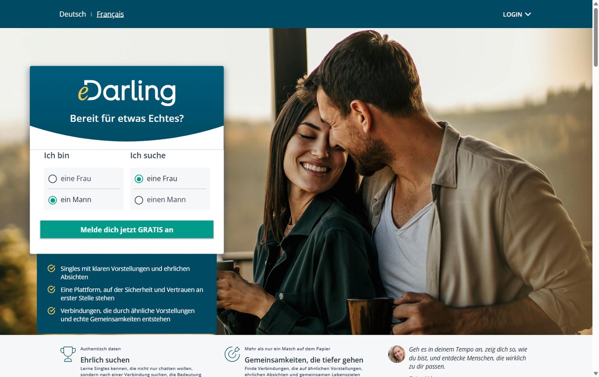 Startseite von eDarling Schweiz mit dem Slogan Bereit für etwas Echtes und dem Anmeldeformular