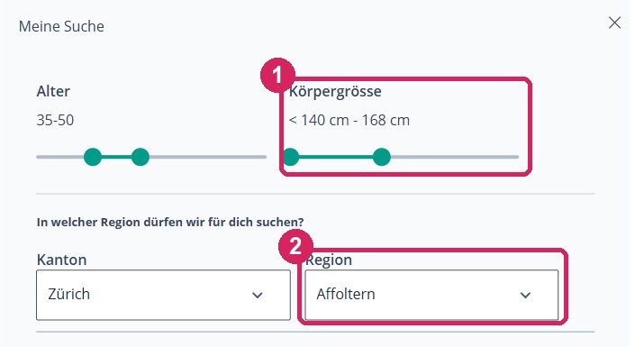 Suchkriterien bei eDarling: Körpergrösse und Region markiert