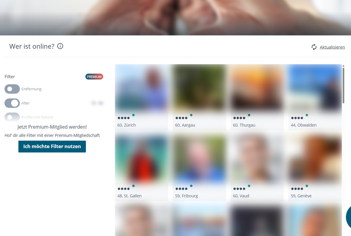 Liste Wer ist online bei eDarling mit Alter und Kanton der Mitglieder, Namen und Fotos unkenntlich