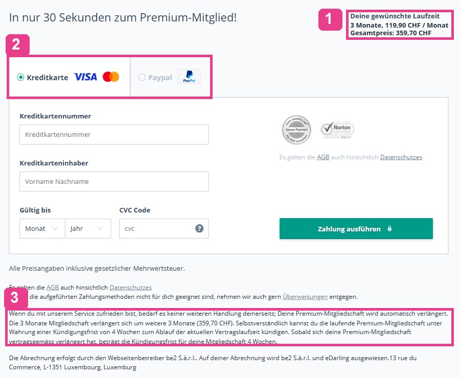 Zweiter Schritt der eDarling-Bestellseite mit Laufzeit und Gesamtpreis, Zahlungsmethoden und dem Text zur Verlängerung und zur Kündigungsfrist von vier Wochen