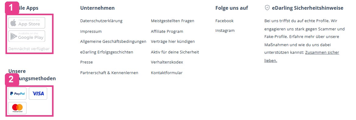 Footer von edarling.ch mit den ausgegrauten App-Store-Buttons und dem Hinweis Demnächst verfügbar sowie den Zahlungsmethoden PayPal, Visa und Mastercard