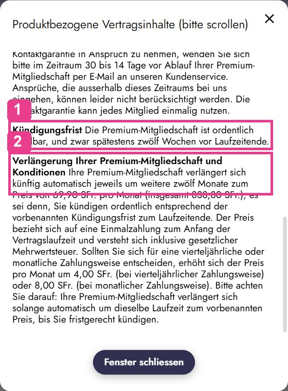 Bestellseite von ElitePartner mit dem Hinweis auf die Kündigungsfrist und die automatische Verlängerung
