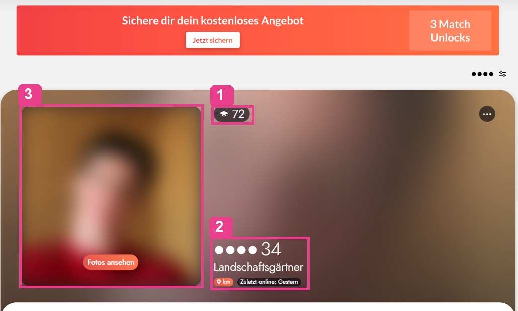 Partnervorschläge bei ElitePartner mit Matchingpunkten, Alter und Wohnort, Namen und Fotos unkenntlich gemacht