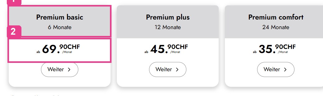 Preisübersicht der Premium-Mitgliedschaft von ElitePartner im Mitgliederbereich mit Laufzeiten von 6, 12 und 24 Monaten