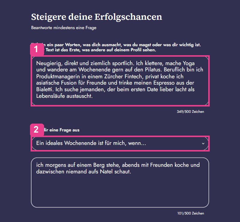 Profiltext bei ElitePartner: Freitext mit 500 Zeichen und eine Frage zur Auswahl, markiert