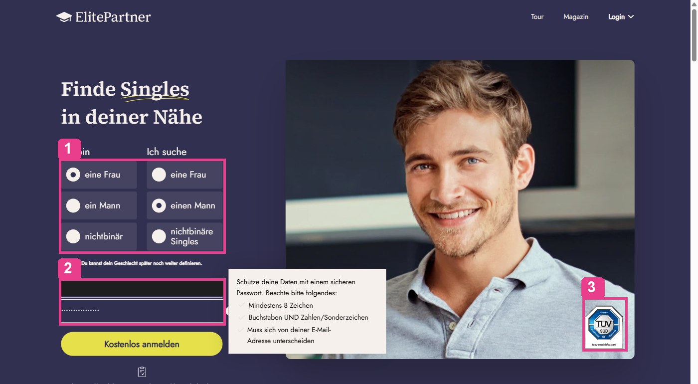 Startseite von ElitePartner Schweiz mit dem Anmeldeformular, Ich bin eine Frau, ich suche einen Mann, und dem Siegel von TÜV SÜD
