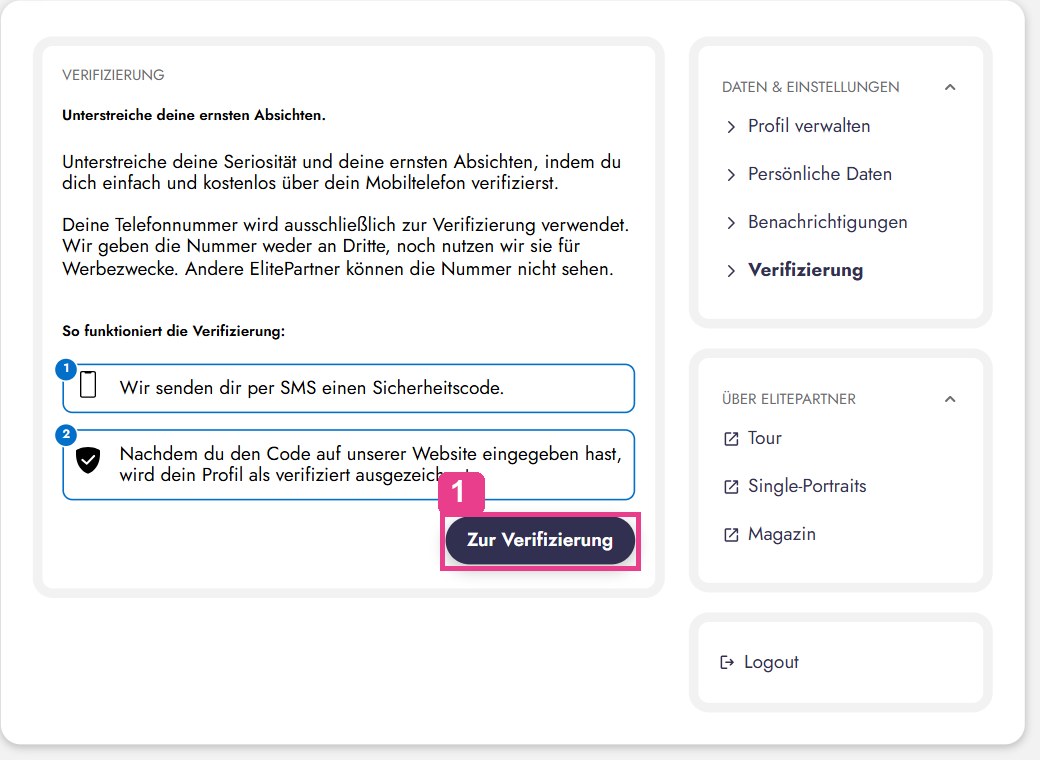 Seite Verifizierung im Mitgliederbereich von ElitePartner: gratis per SMS-Code auf das Mobiltelefon